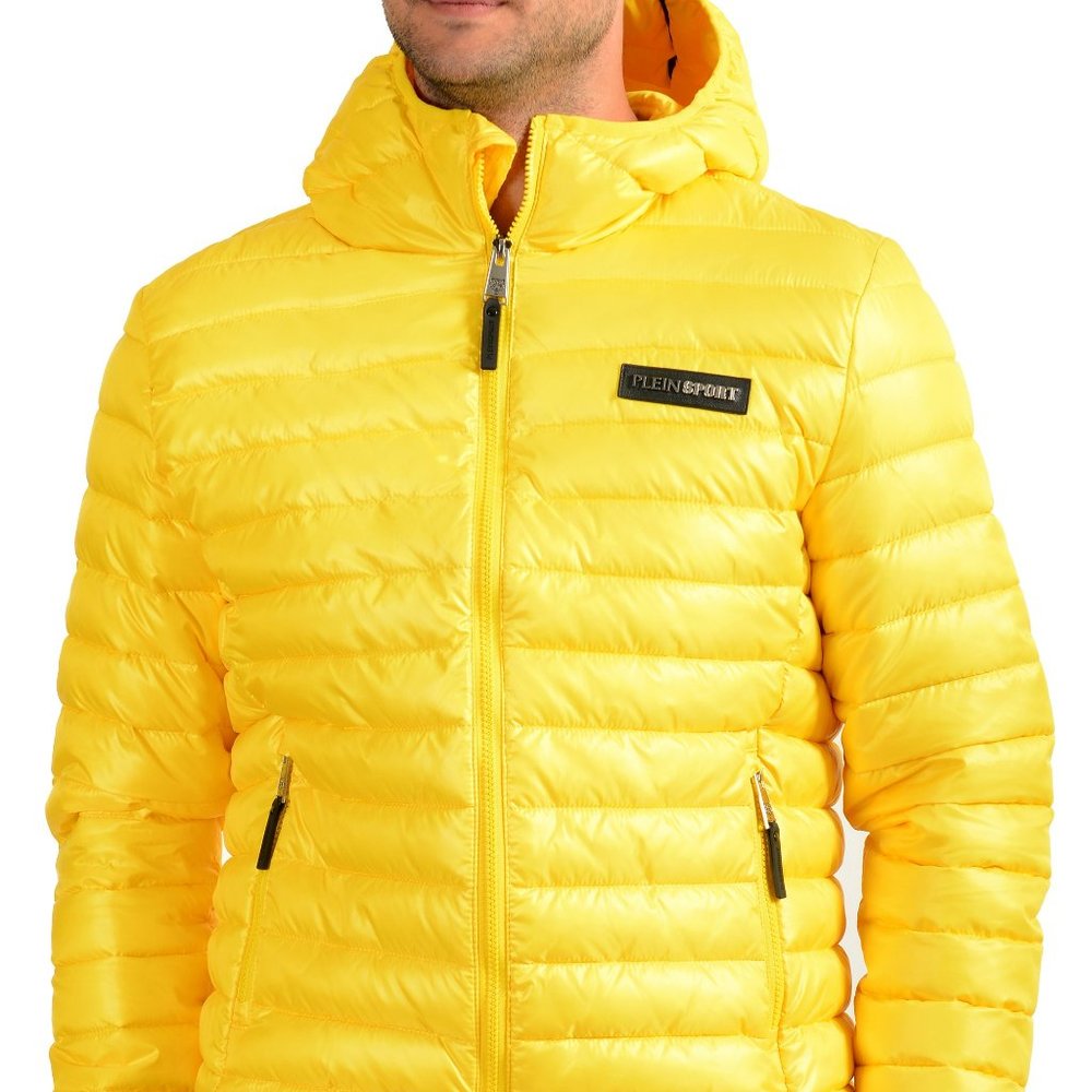 Plein Sport Men's Yellow Hooded Logo Print Zip Up Parka Jacket